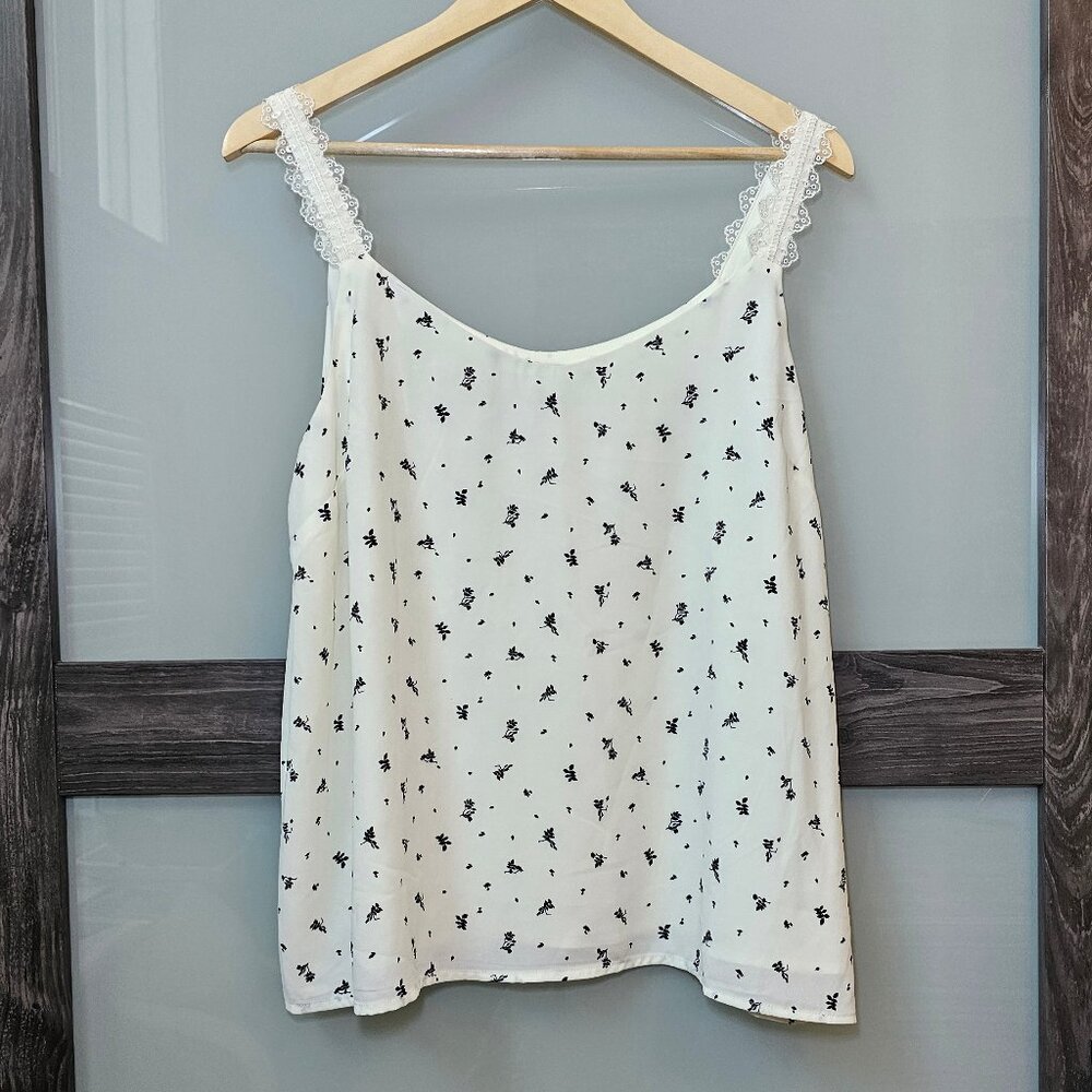 Lace strap tank, white with black floral print, NWT L Nordstrom Rack